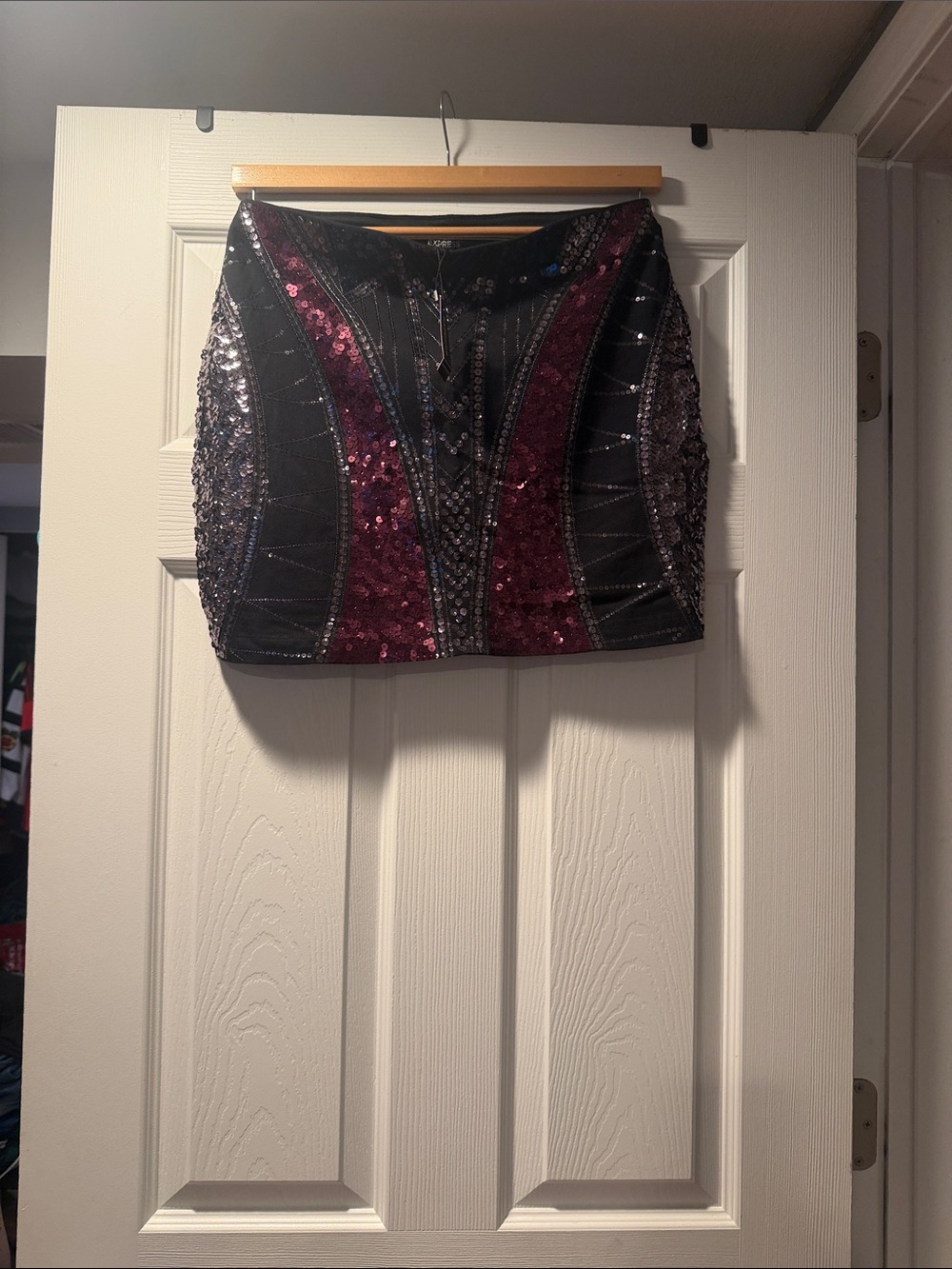Express Sequin Panel Mini Skirt in Burgundy and Black